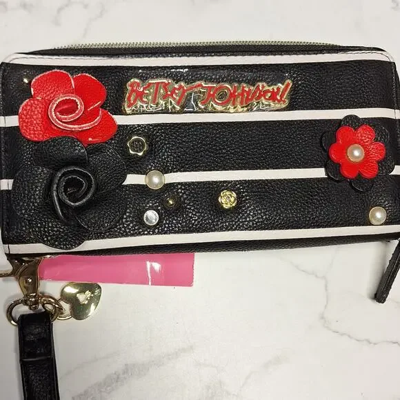 Betsey Johnson NEW zip around wristlet wallet faux leather w roses striped bling - Picture 8 of 13